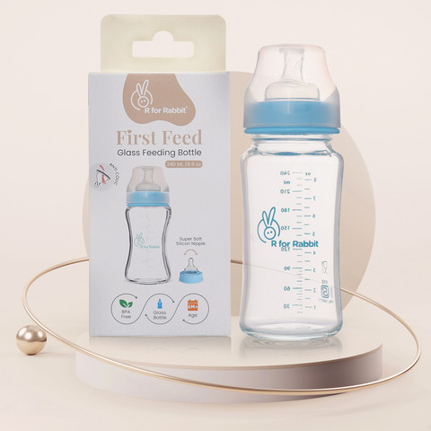 R for Rabbit Anti Colic Baby Feeding Glass Bottle Wide Neck Soft Silicone  Nipple (6+ Months) 240 ml