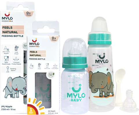 MYLO Baby Feeding Bottles for New Born Babies with Spoon Anti Colic  (125+250ml) 375 ml