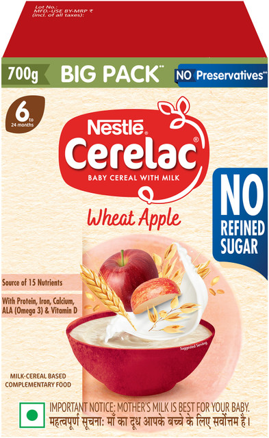 Nestle Cerelac Wheat Apple Baby Food Cereal, No Refined Sugar, for 6-24  Months Baby, Big Pack Cereal