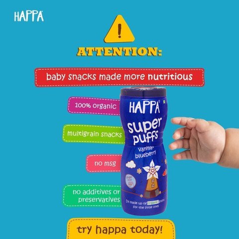 Happa Vanilla Blueberry Puffs Melt-in-Mouth Stage 8M+ No  Additives Baby Puffs 200 g