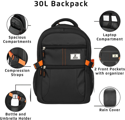 ZEXA 30L Black Backpack with Rain Cover| School, College & Office
