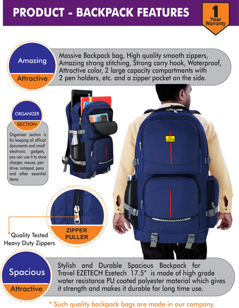 EZETECH ROYAL BLUE TRAVEL BAG FOR MOUNTAIN HIKING 50 L Backpack