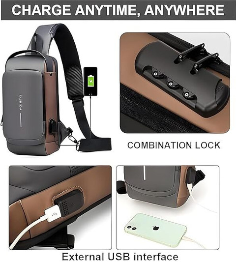 Brezleen Sling Bag Men CrossBody Backpack Anti-Theft Chest Bag USB