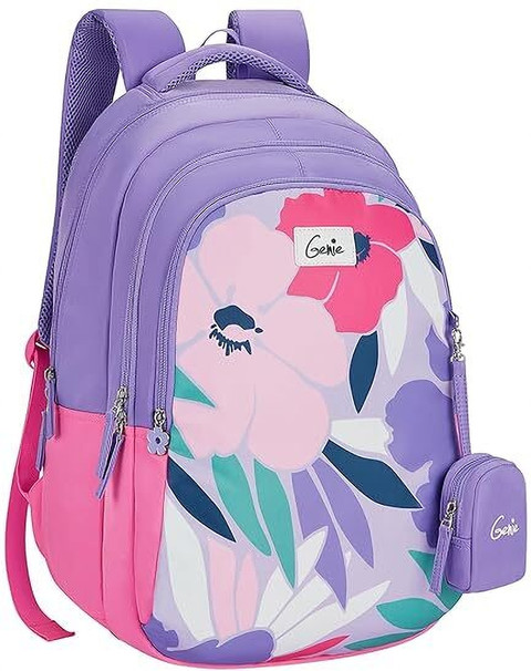 Genie Alice Lavender School Backpack for girls, 19” compartment with  happy pouch Waterproof School Bag