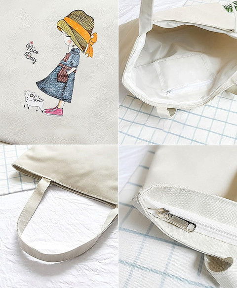 HSR White Tote Tote Bags For Women Girls Canvas Handbag Zipper