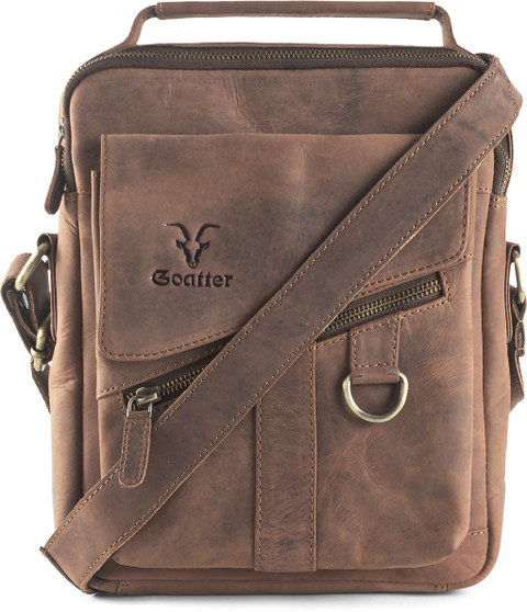 Goatter Men's Hunter Leather 11”Inch Messenger Bags, (Dark Brown) Sling Bag