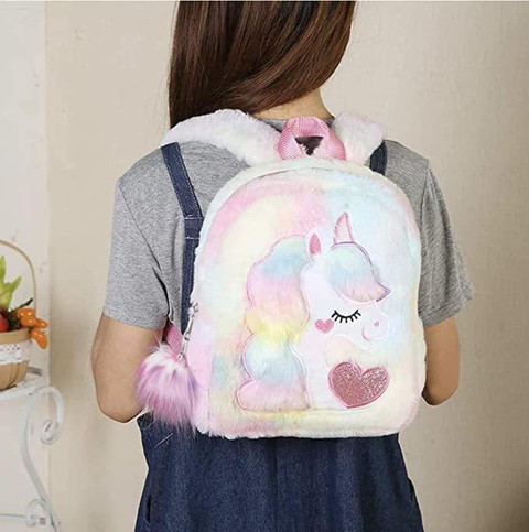S4SQUARE ENTERPRISE ® Cute Unicorn Plush Fancy Fur Bag For Girls-Small Size  Picnic Tuition School Bag