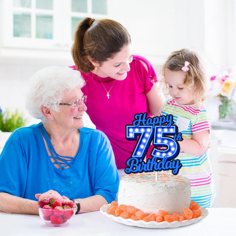 Blue Glitter 75th Birthday Cake Topper - Cheers To 75 Years Party Decoration | 6.3 Inch Wide