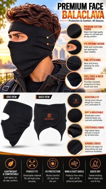 ZENLINK Black Bike Face Mask for Men & Women (Size: Free, Balaclava) - Image 6