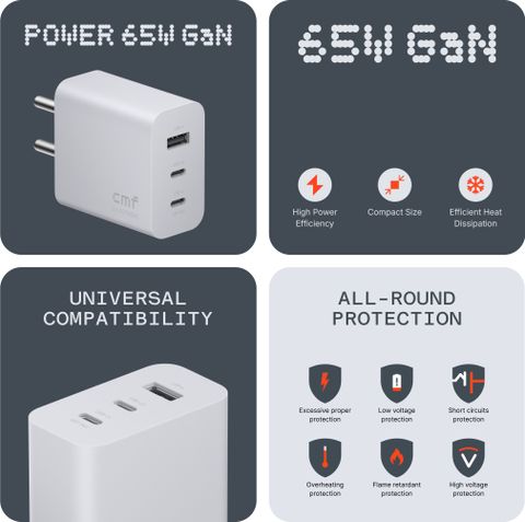 CMF by Nothing 65 W GaN Multi-pin Wall Charger for Mobile (Light Grey) - Image 3