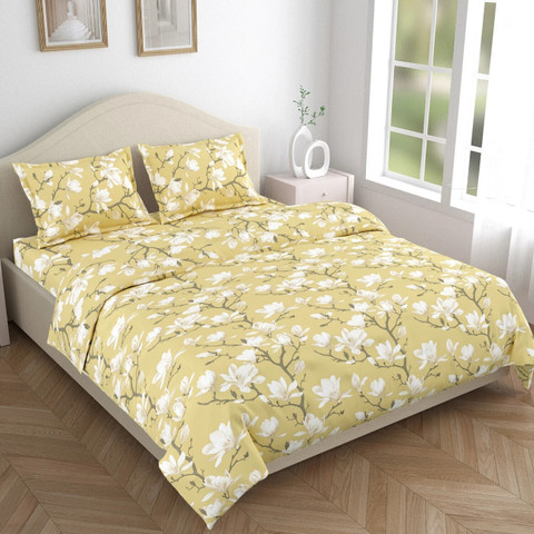 Haus & Kinder King Size Cotton Bed Sheet Set – 108x108 Inches With 2 Pillowcases – Green Blossom, 186 TC