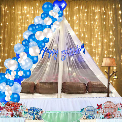 1iAM Cabana Tent Birthday Decoration Pack White Net and Blue-White-Light  Blue Balloon