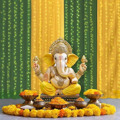 Fun and Flex Ganpati Pooja Pandal Crepe Fabric Curtain Backdrop
