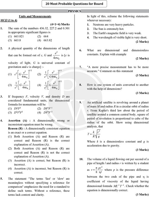 Probable Questions ( OLD EDITION ) PW CBSE Class 11 Chapterwise 20 Most Probable Questions ...