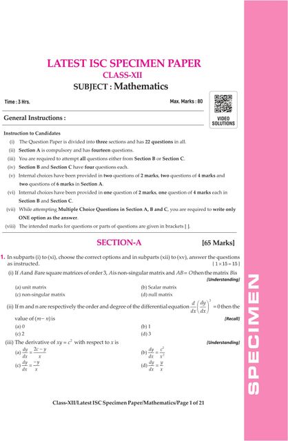 Arihant i-Succeed ISC Sample Question Papers 2026 Mathematics Class 12 ...