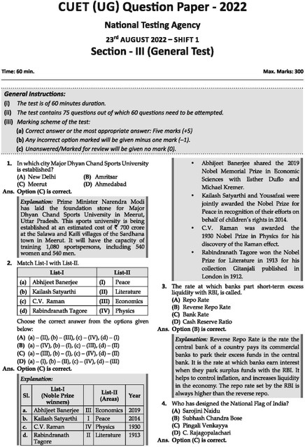 Nta Cuet (Ug) 10 Mock Test Sample Question Papers General Test ...