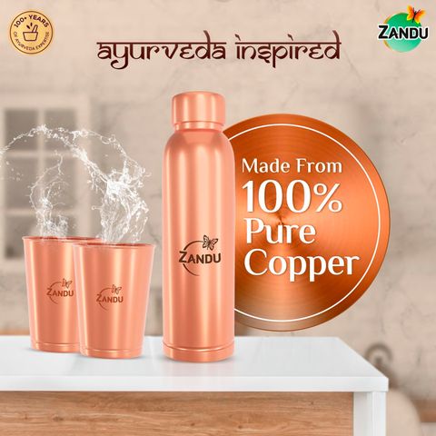ZANDU Gift Set Pack (1 Bottle & 2 Tumbler) 1550 ml Copper Bottle