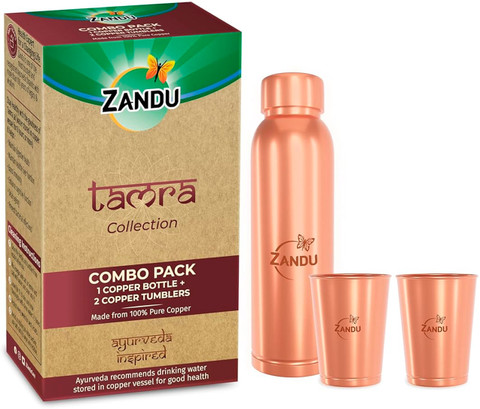 ZANDU Gift Set Pack (1 Bottle & 2 Tumbler) 1550 ml Copper Bottle