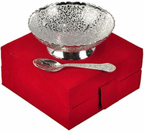 GIFTCITY German Silver Single Bowl with Royal Velvet Box -2 Pieces