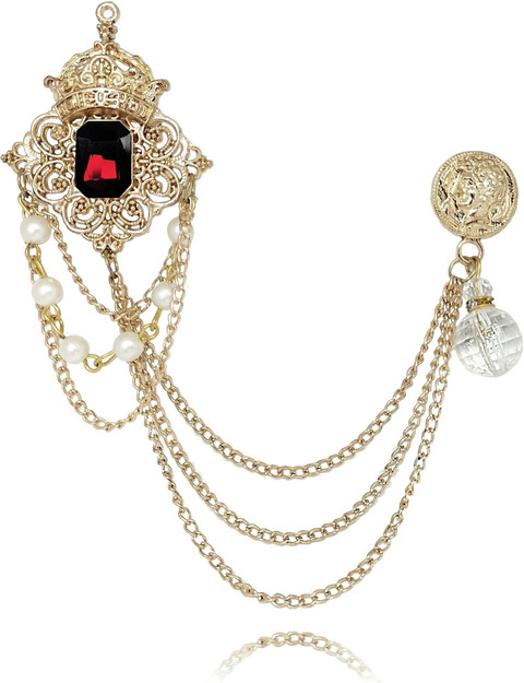 groomiverse Crown Maroon Stone Studded Pearl Brooch For Men Brooch