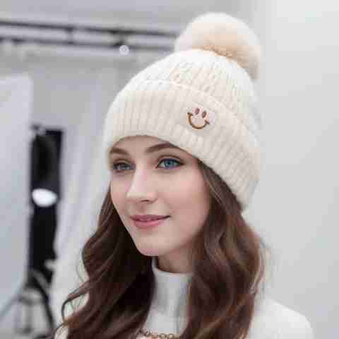 Winity Cute woolen warm soft warm fur inside pom-pom on top winter caps  for women Woven Beanie Cap