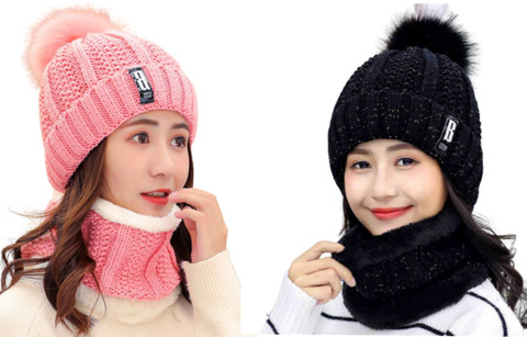Highever Combo Woolen Beanie Caps with Scarf Set soft Warm fur Lining for  girls|Women Beanie Cap