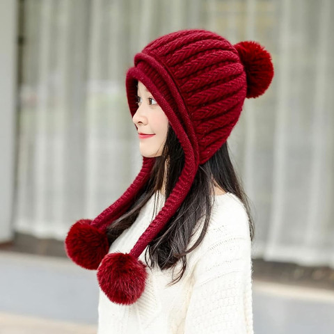 Highever Cute warm soft fur inside with earflap three pom-pom