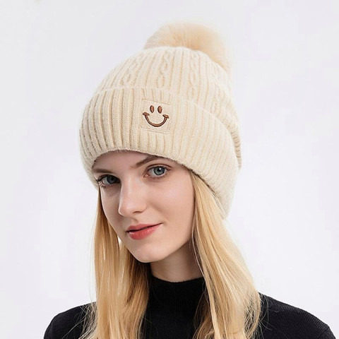 Winity Cute woolen warm soft warm fur inside pom-pom on top winter caps  for women Woven Beanie Cap
