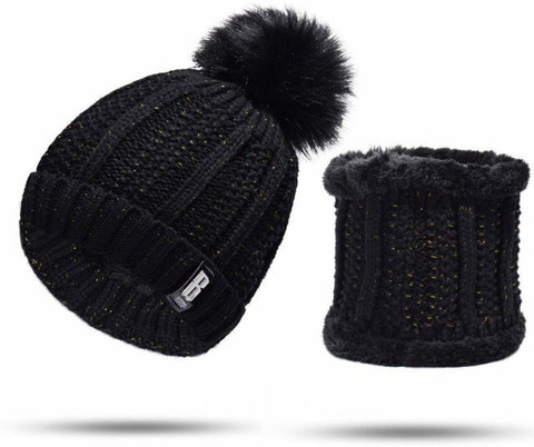 Highever Combo Woolen Beanie Caps with Scarf Set soft Warm fur