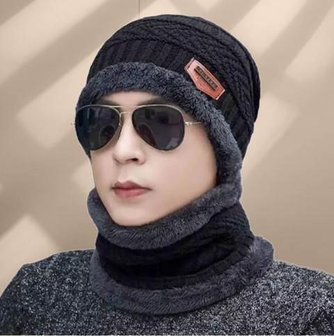 REFFER Winter Woolen cap neck warmer (Fur Inside) &Touchscreen Gloves set  for men women Beanie Cap