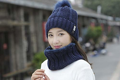Zonkar Woman Blue Woolen Beanie Cap with Scarf Warm Snow Proof Premium High  Quality Sports/Regular Cap Cap
