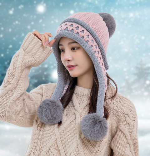 Winity Cute woolen warm soft fur Inside three pom-pom winter cap