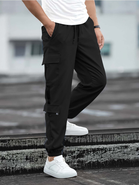 Jump Cuts Solid Men Black Track Pants