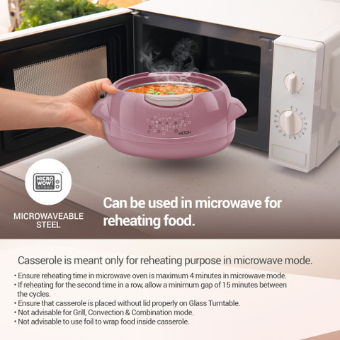 MILTON Microwow One Touch 1000 Inner Steel Casserole One Touch Lid, 750 ml,  Mauve Cook and Serve Casserole Set