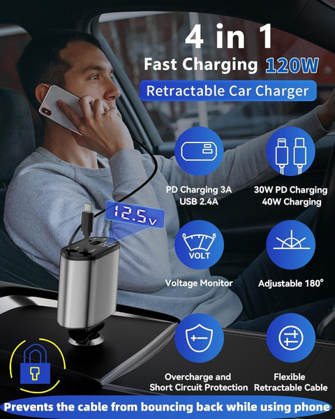 NIVKEZ Retractable Car Charger, in Fast Car Phone Charger 100W and  USB Ports Charging Pad