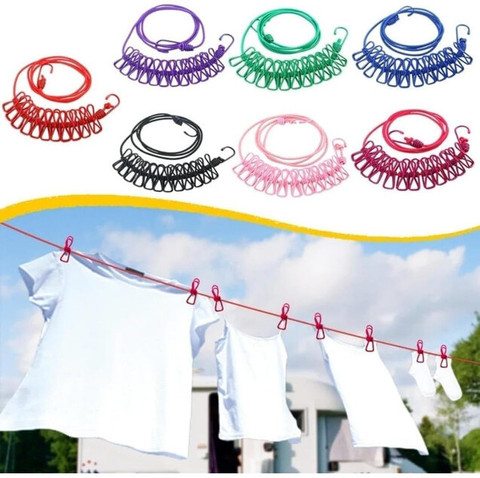BSRENTERPRISEZ 12 Clips & 2 Hooks Portable Outdoor Clothesline Rope ...