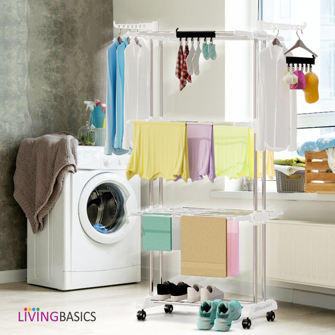 LivingBasics Steel Floor Cloth Dryer Stand Foldable Clothes Drying Rack  with Set of Icon Clips Snow White