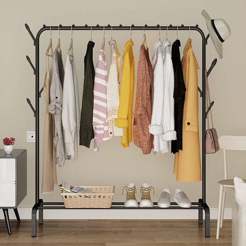 BUCKETLIST Steel Floor Cloth Dryer Stand Freestanding Hanging Metal Clothes  Rack with Storage Shelf and Side Hooks, Black