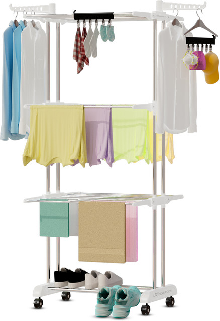 LivingBasics Steel Floor Cloth Dryer Stand Foldable Clothes Drying Rack  with Set of Icon Clips Snow White