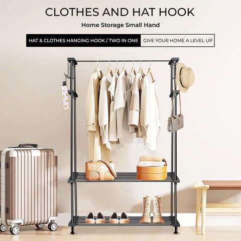 LEOPAX 2-Tier Cloth Garment Rail with 10 Side Hooks, Shoe Storage