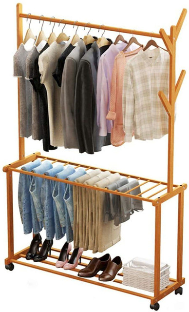 ADA Premium Bamboo Clothes Hanging Rail, Garment Rack with 2 Shelves ...