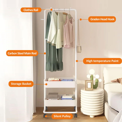 LEOPAX Trolley Coat Rack With Wheels, Garment Rack With Tier Storage  Shelf Hooks Metal Coat and Umbrella Stand
