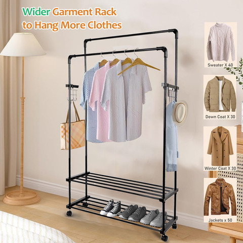 ADA Iron Metal Dual Layer Garment Rack on Wheels with 10 Side