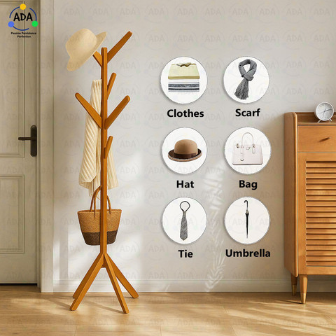 ADA Free Standing Bamboo Tree Shaped Display Hooks Coat Hanger Stand with  Tiers and Solid Feet for Clothes Scarves and Hats Bamboo Coat and - Main Image