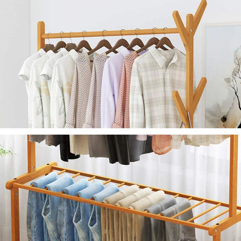 ADA Premium Bamboo Clothes Hanging Rail, Garment Rack with 2 Shelves ...