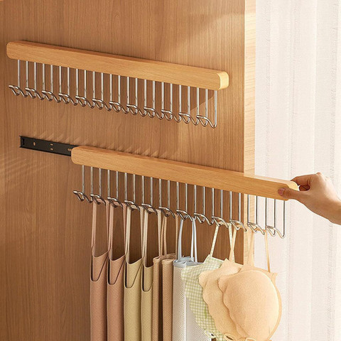Ofifo Sliding Hanger Rack Closet Organizer with 12 Steel Hooks Wall Mounted  Pull Out Wooden Belt Hanger For Belt