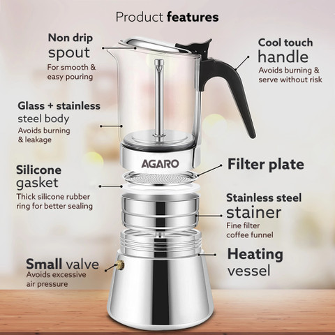 AGARO Imperial Moka Pot, Stovetop Induction Espresso, 240 Ml, Stainless  Steel Built, Cups Coffee Maker