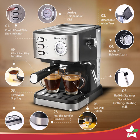 WONDERCHEF Regenta Espresso Coffee Machine With Steamer for Cuppuccino 19  Bar Coffee Maker