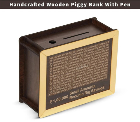 DARSHANAM WORLD golden Wooden Money Saving Box |Counting target money box  Coin box for saving Coin Bank