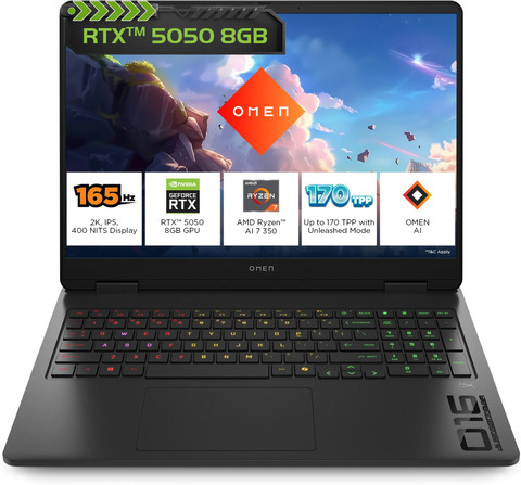 HP OMEN AMD Ryzen AI Octa Core AI 350 (24 GB/1 TB SSD/Windows 11  Home/8 GB Graphics/NVIDIA GeForce RTX 5050) 16-ap0165AX Gaming Laptop